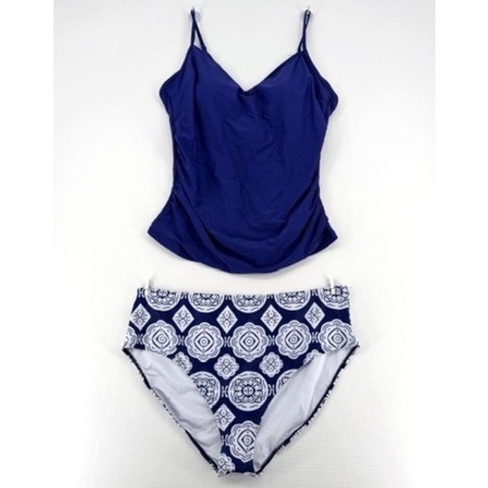 NEW Eomenie Blue White Tankini Bikini Set Tile Print Swim 2XL